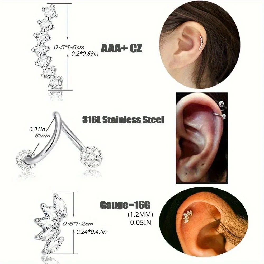 1PC Stainless Steel Silver Cartilage Earring Women Screw In Piercing Jewelry